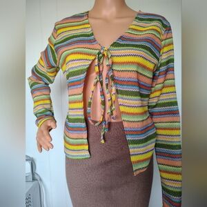 EARTHBOUND Multicolor Striped Tie-Front Cardigan Size L